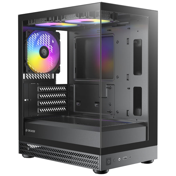 OKINOS AQUA UNO BLACK, Mini Tower, Micro-ATX/ITX, tempered glass, 3×120mm ARGB fans, USB 3.0 + Type-C, ≤309mm GPU, ≤165mm CPU cooler, steel