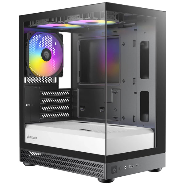 OKINOS AQUA UNO ZEBRA, Mini Tower, Micro-ATX/ITX, tempered glass, 3×120mm ARGB fans, USB 3.0 + Type-C, ≤309mm GPU, ≤165mm CPU cooler, steel