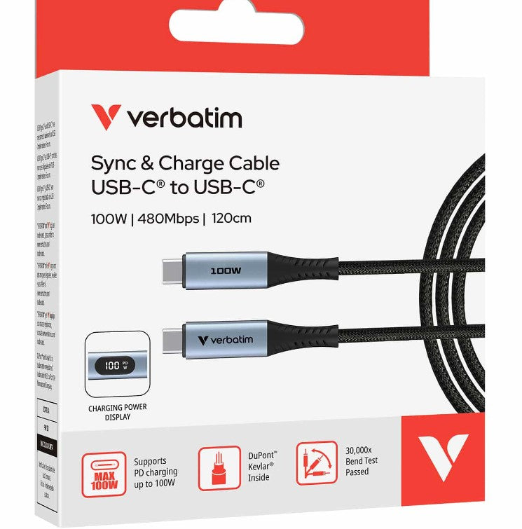 Verbatim Sync & Charge USB-C to USB-C Cable, 100W PD 3.0 + QC 3.0, LED power display, 480Mbps data, Kevlar core, 30,000 bend tested, 120cm