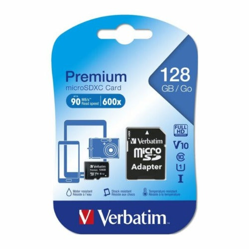 Verbatim Micro SDXC 128GB (Class 10 UHS-I) w Adaptor - 600x, 90 MB/Second, High Capacity and fast transfer. Mobile, Camera, Backup. Water Resistant