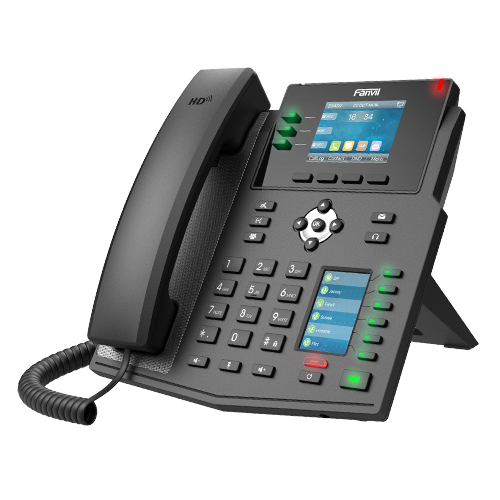 Fanvil X4U enterprise IP phone, 12 SIP lines, dual color displays, Gigabit Ethernet, PoE, 6-way conferencing, DSS keys, Wi‑Fi/BT support
