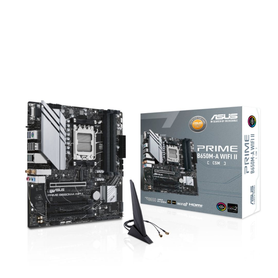 ASUS AMD B650M PRIME B650M-A WIFI II-CSM (AM5) Micro-ATX Motherboard 4x DDR5 192GB, 1x PCIe 4.0 x16 slot,2 x M.2 slots, 4 x SATA,Wi-Fi 6 1 x HDMI.1