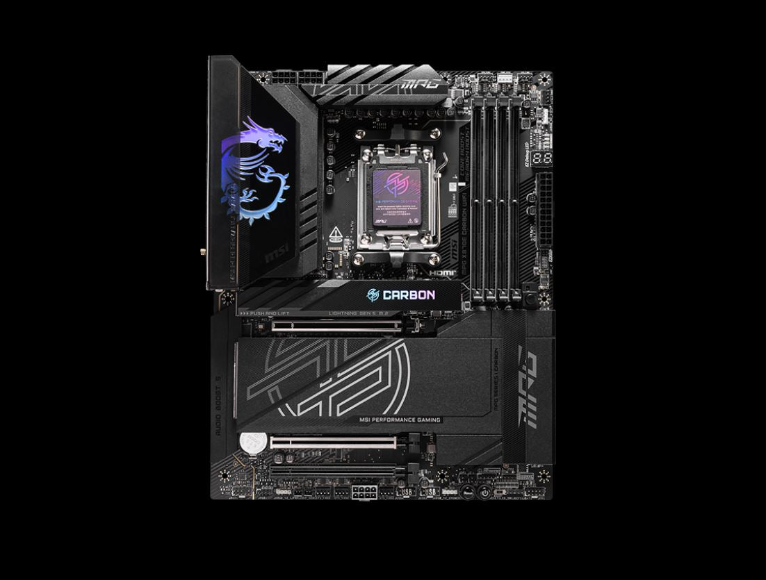 MSI MPG X870E CARBON WIFI, AMD AM5 ATX Motherboard 4x DDR5~256GB, 3x PCIe x16, 4x M.2, 9x USB 3.2, 4x USB-C