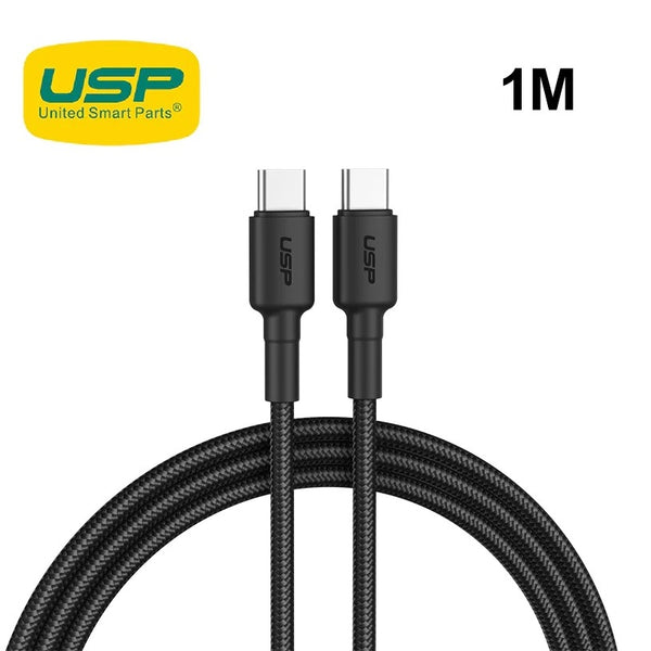 USP BoostUp Braided USB-C to USB-C Cable (1M) Black -3A Fast & Safe Charge,Samsung Galaxy,Apple iPhone,iPad,MacBook,Google,OPPO,Nokia,5 Years Warranty