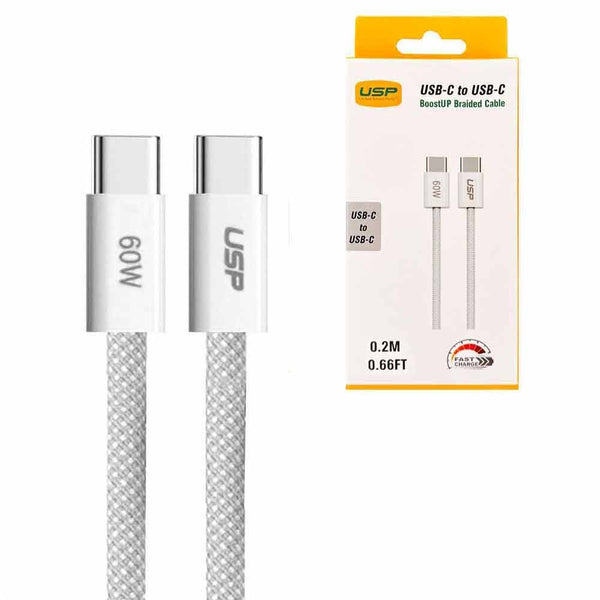 USP BoostUp Braided USB-C to USB-C Cable (0.2M) - White, 3A/60W, 480Mbps, 40K+ Bends, Safe & Fast, Apple iPhone, Samsung Galaxy, 5 Years Warranty