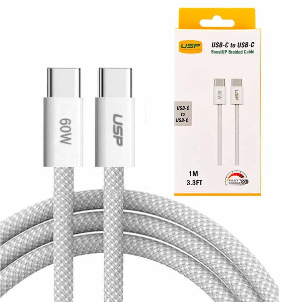 USP BoostUp Braided USB-C to USB-C Cable (1M) - White, 3A/60W, 480Mbps, 40K+ Bends, Solid & Durable, Apple iPhone, Samsung Galaxy, 5 Years Warranty