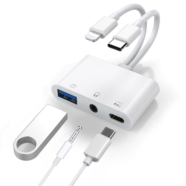 USP Lightning/USB-C to USB Adapter features a USB OTG Port, 3.5mm Headphone Jack & Fast-charging Port, 5 Years Warranty