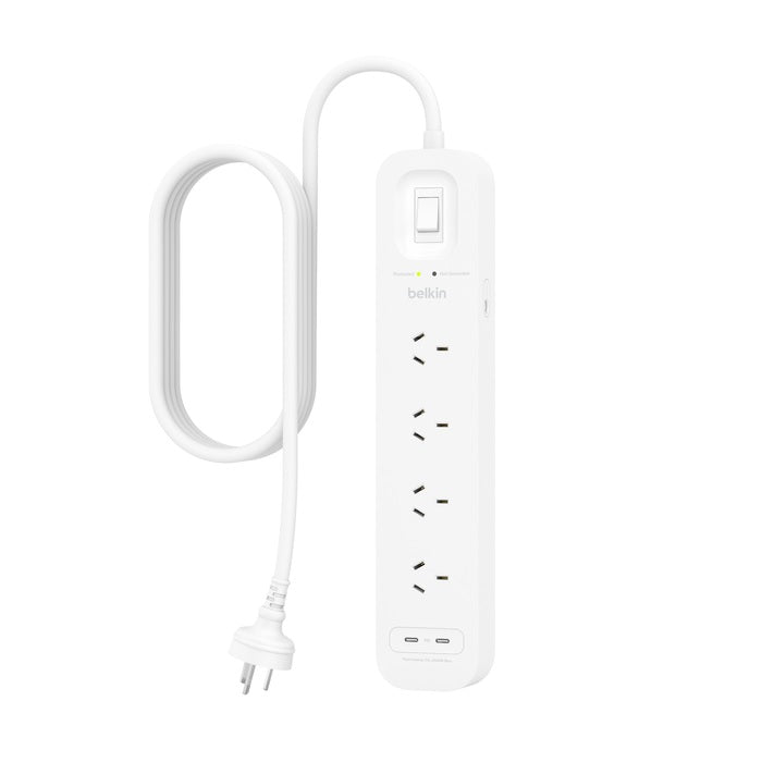 Belkin SurgePlus 4-Outlet Surge Protector With Dual USB-C Port(30W) -White(SRB005AU2M),Heavy Duty 2M Power Cord,525 Joules,$40000 CEW,2 Years Warranty