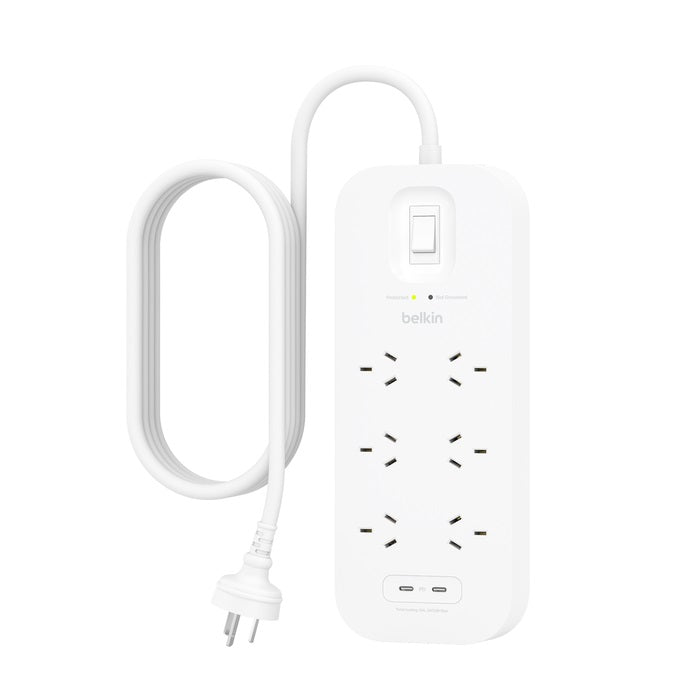 Belkin SurgePro 6-Outlet Surge Protector With Dual USB-C (30W) - White(SRB006AU2M), 2M Power Cord, 650 Joules, $50,000 CEW, 2 Years Warranty