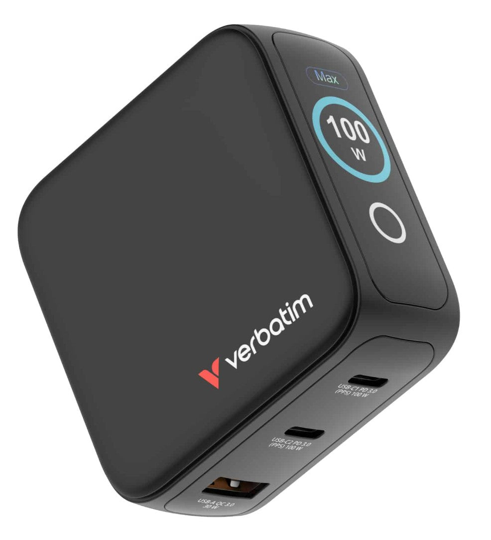 Verbatim Mini GaN Charger 100W with Display Compact 3-port wall charger with USB-C® Power Delivery and Quick Charge 3.0