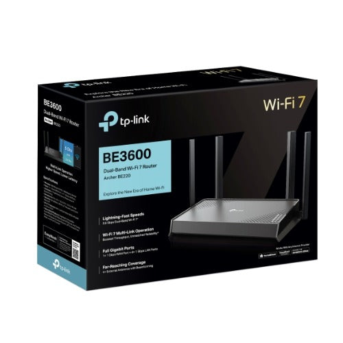 TP-Link Archer BE220 BE3600 Dual-Band Wi-Fi 7 Router(WIFI7) 688Mbps 2.4 GHz + 2882 Mbps 5 GHz, 4× external Antennas, 2.0 GHz Quad-Core CPU