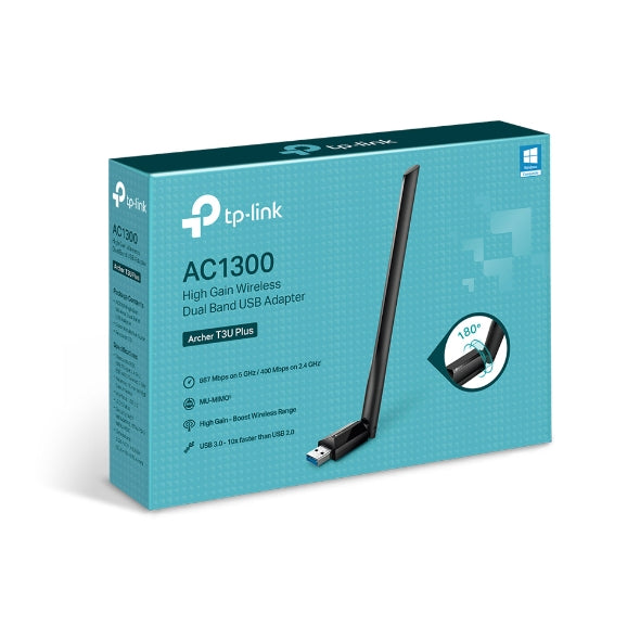 TP-Link Archer T3U Plus AC1300 High Gain Wi-Fi Dual Band USB Adapter, 867Mbps at 5GHz + 400Mbps at 2.4GHz, USB 3.0, 1xHigh Gain External Antenna, MU-