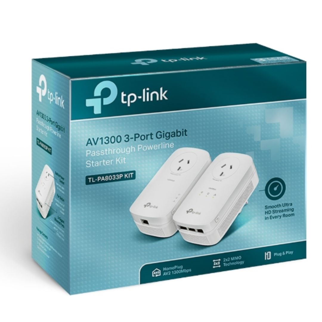 TP-Link TL-PA8033P KIT AV1300 Passthrough Powerline KIT, Qualcomm, 3 Gigabit Ports, 1300Mbps Powerline, 2*2 MIMO, HomePlug AV2, PLC Utility, Twin