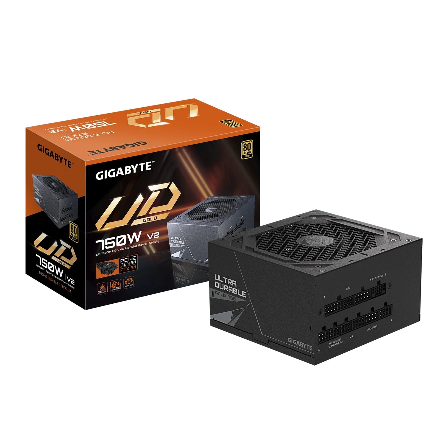 Gigabyte UD750GM PG5 V2, 750W ATX PSU Power Supply 80+ Gold >90% Black Embossed Cables 100-240 Vac >100K Hrs ( )