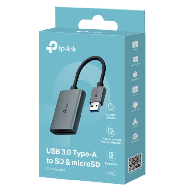 TP-Link UA430 USB 3.0 Type-A to SD & microSD 3.0 Card Reader, support SD，SDHC、SDXC，microSD、microSDHC、microSDXC cards up to 2TB.