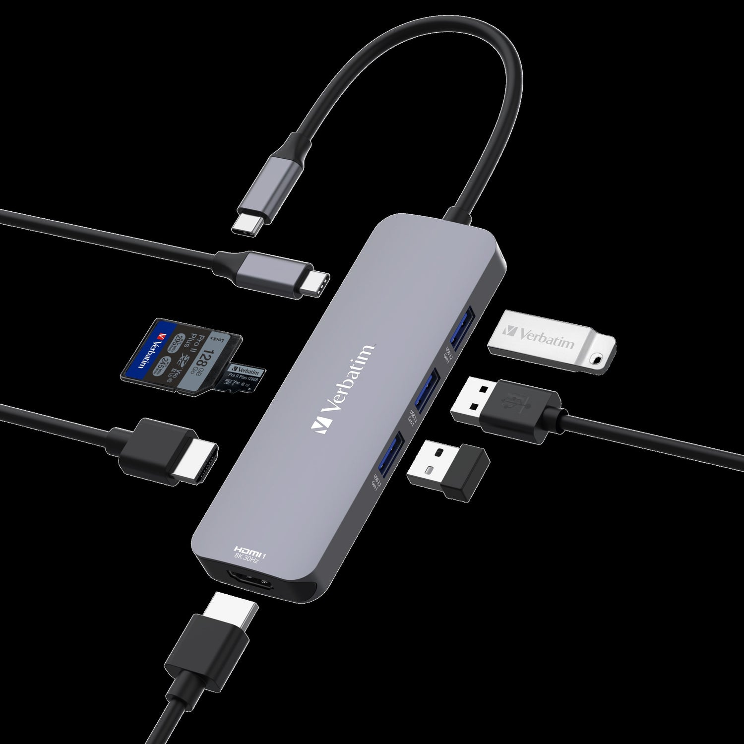 Verbatim USB-C Pro Multiport Hub 8 Ports, 2x HDMI 8K30+4K30 dual display, 3x USB-A 3.2 Gen1, SD + microSD, USB-C PD 100W in/85W to host