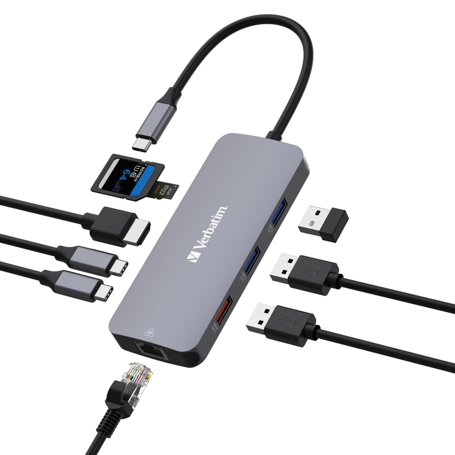 Verbatim USB-C Pro Multiport Hub 9 Ports, HDMI 4K60, RJ45 1GbE, 2x USB-C + USB-A 3.2 Gen2 10Gbps data only, 2x USB-A Gen1, SD + microSD, bus powered