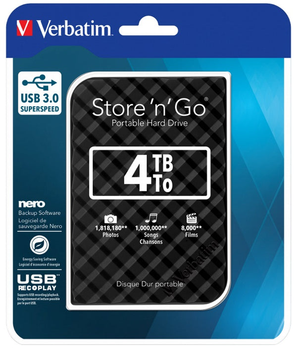 Verbatim 4TB 2.5' USB 3.0 Black Store'n'Go HDD Grid Design.