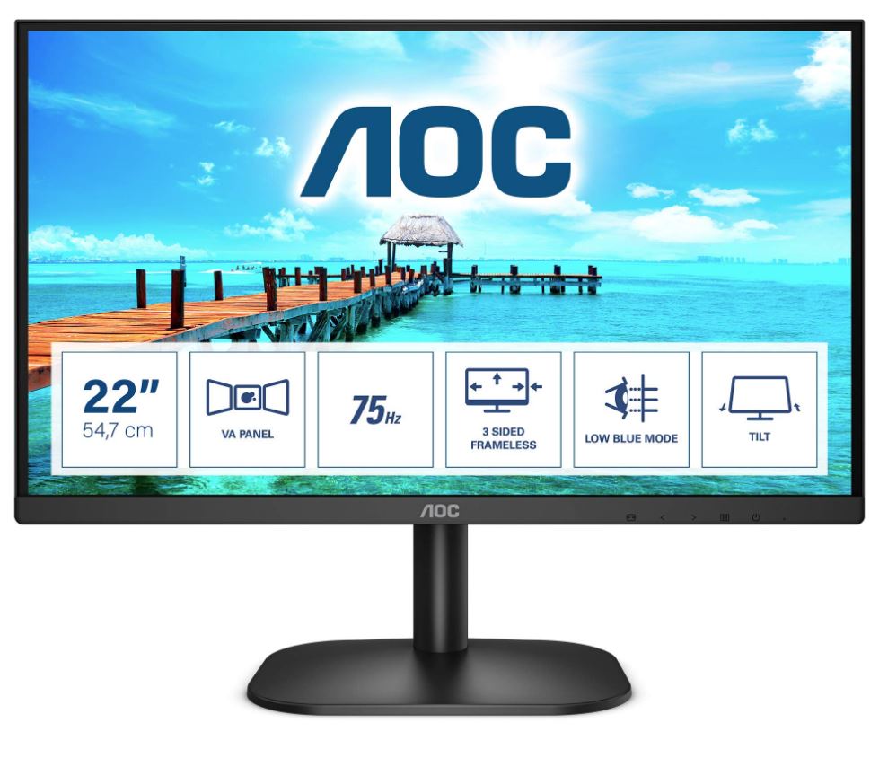 AOC 21.5' 22B2HN 1920x1080,  VA, 75Hz, HDMI 1.4, VGA, Tilt, Low Blue, Flicker Free, Ultra Slim, VESA 100mm, Tilt.   Home Office Business Monitor